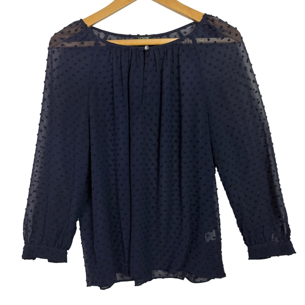 J.Crew Navy Blue Swiss Dot Sheer Keyhole Blouse Style Womens Small